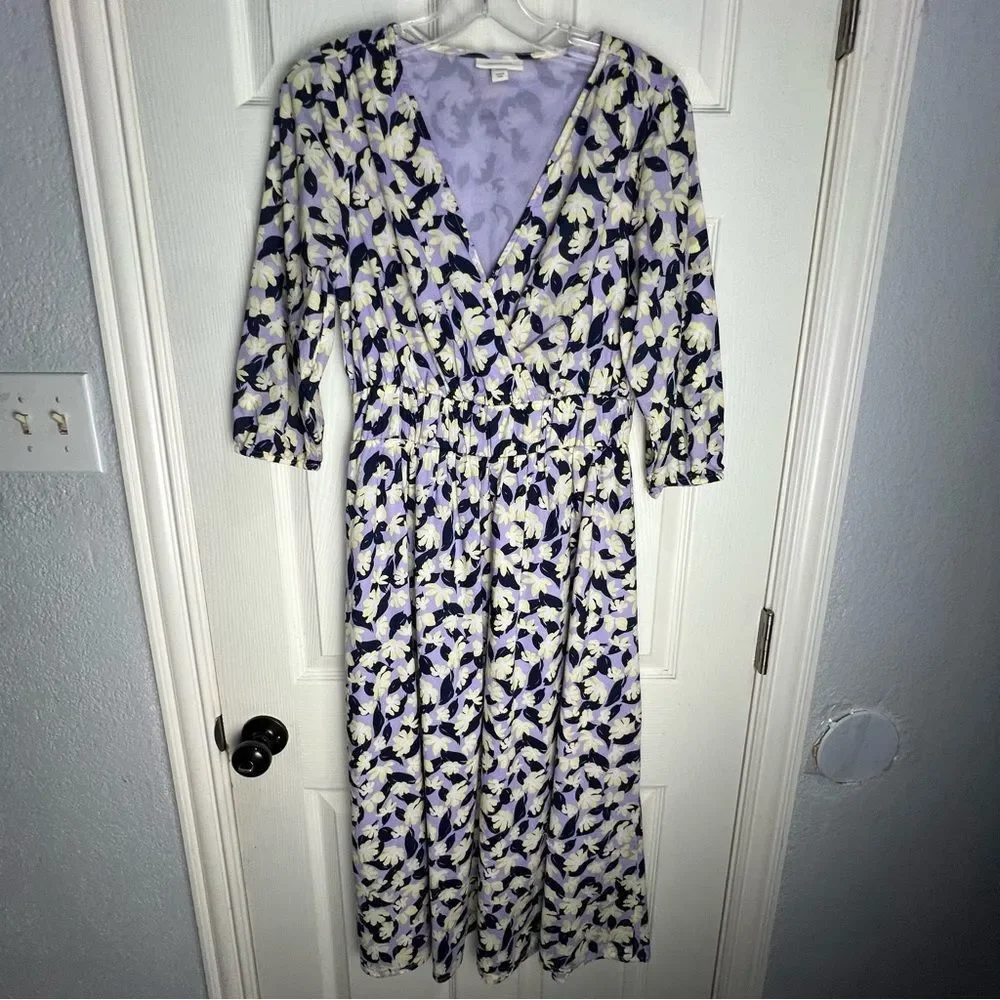 ON 34 Purple Cream White 3/4 Sleeve Floral Romantic Fairy Spring Midi Dress Sz 6